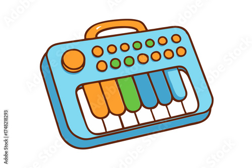 A charming cartoon illustration of a brightly colored toy keyboard with orange, blue, and green keys, perfect for children's music education and fun