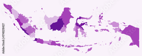 Map of Indonesia with regions. Just a simple country border map with region division. Purple color palette. Flat Indonesia shape with administrative division. Vector illustration.