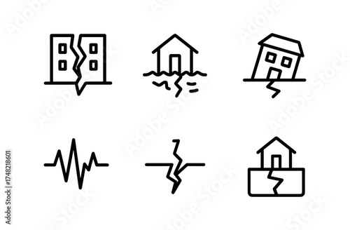 Linear icon set of natural disaster symbols including earthquake and flooded house