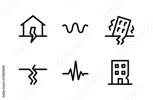 Minimalist earthquake icons featuring buildings and seismic waves in linear style