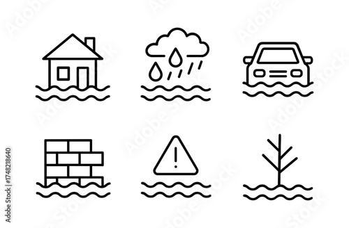 Simple line icons of flooding situations and precautions