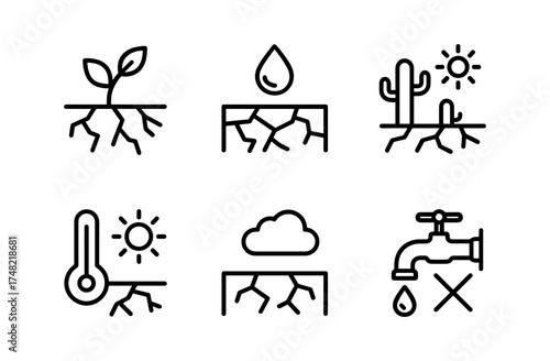 Drought icons set: linear climate change symbols of arid conditions and water scarcity