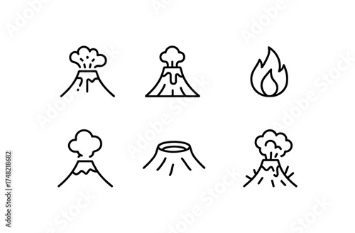 Outline icons of volcano eruption and fire elements in minimalist style