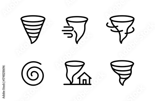 Linear tornado icons set: wind, cyclone, spiral, and storm symbols
