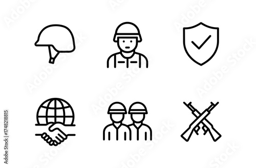 Military icons set: soldier, helmet, security, global collaboration, and weaponry