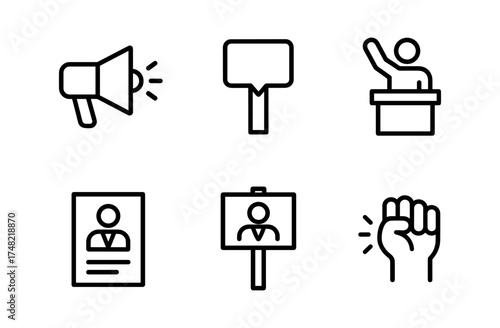 Election and activism icons: megaphone, podium, fist, candidate poster