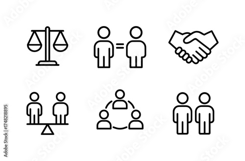 Simple black line icons representing equality, balance, and teamwork concepts