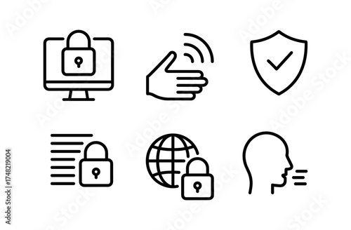 Minimalist security icons set featuring lock, shield, and global network symbols