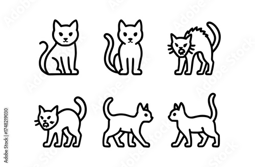 Simple cat line drawings displaying various poses and expressions