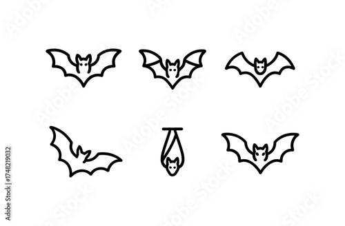 Minimalist bat icons in simple line art style for halloween designs