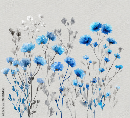 Watercolor painting of blue wildflowers, delicate flowers in a light gray and white color palet