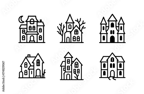 Spooky house icons: linear halloween mansion and castle collection