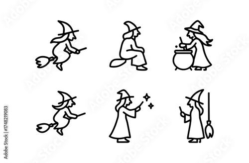 Minimalist line art witches with broomsticks and cauldrons in simple outlines