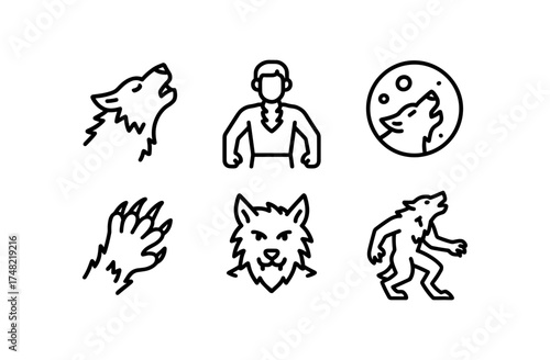 Werewolf transformation icons set in linear style featuring howling wolf and moon