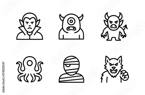Line art halloween monster icons set: vampire, cyclops, devil, octopus, mummy, werewolf