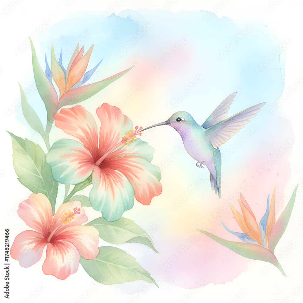 Obraz premium A hummingbird hovering near a tropical flower.