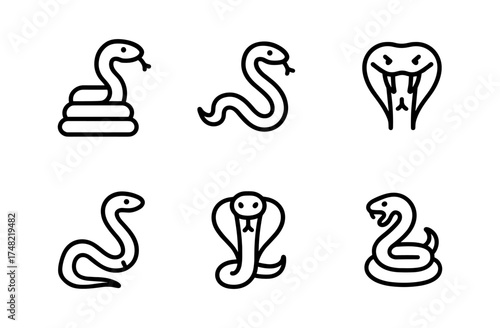 Minimalist snake icons set featuring various stylized snake poses and cobra designs