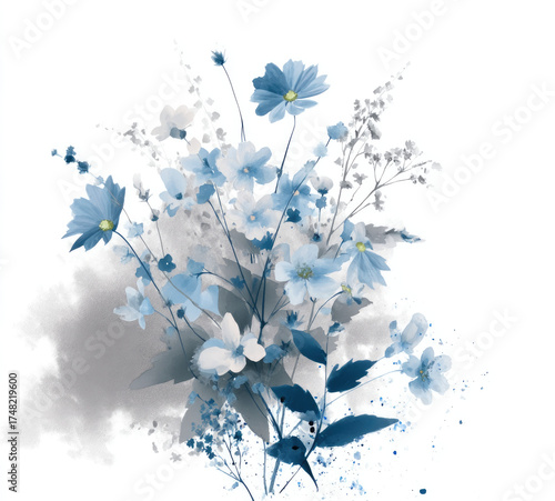
Watercolor painting of blue wildflowers with a soft gray and white background, a dreamy compositio