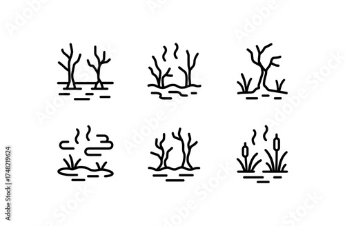 Simple line drawings of marshland trees and shrubs in minimalist style