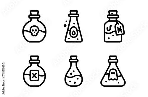 Set of linear potion icons featuring skulls, bugs, and ghosts