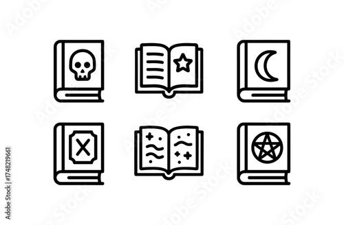 Collection of linear magic book icons for fantasy themes