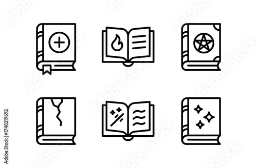 Magical book icons collection: fantasy spellbooks in simple line art style