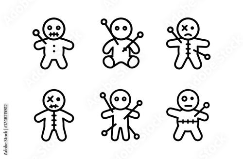 Set of simple voodoo doll icons in linear style with pins, expressive faces, and stitched details