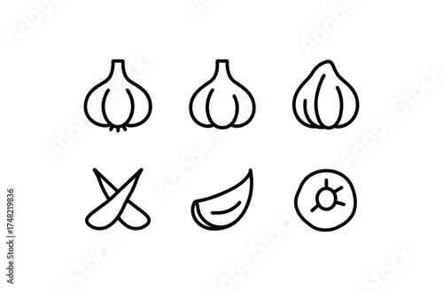 Simple garlic icons set: outline style for kitchen and cooking designs