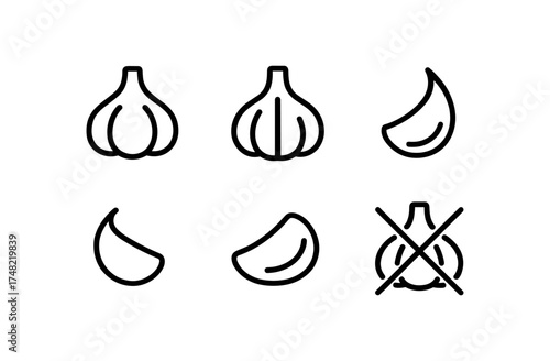 Minimalist garlic and clove icons set in linear style