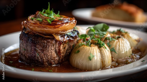 Wallpaper Mural A perfectly seared filet mignon sits at the center of the plate, topped with a caramelized onion. Surrounding it, tender whole onions swim in a rich, savory sauce, garnished with fresh herbs. Torontodigital.ca