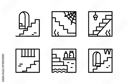 Minimalist linear creepy staircase icons set with halloween elements