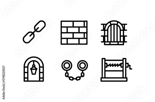 Minimalist prison icons: bar, gate, shackles, guillotine