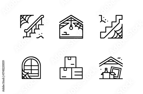 Minimalistic icons of basement elements with cobwebs and storage boxes