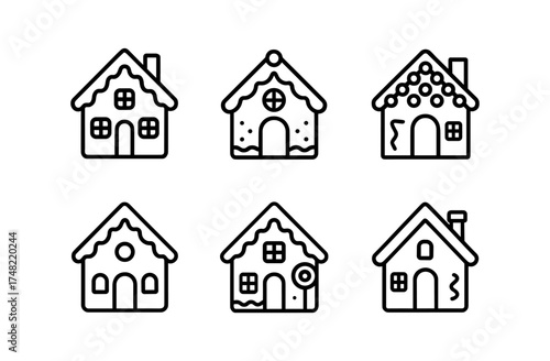 Charming gingerbread house icons with festive design elements for holiday decorations