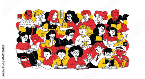 Diverse group of individuals of all ages engaged in concentrated learning and educational pursuits, fostering a community of knowledge and study, promoting lifelong development