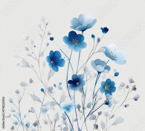 
Watercolor painting of blue wildflowers with a soft gray and white background
