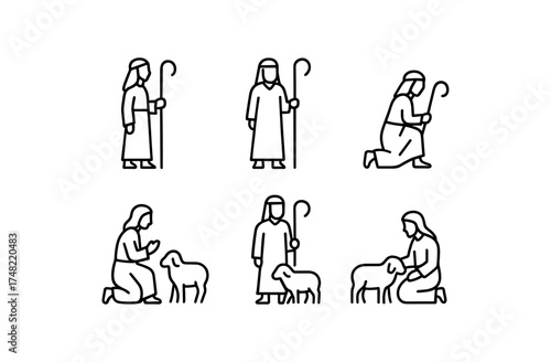 Minimalist shepherds and lambs in line art style: faith and devotion icons
