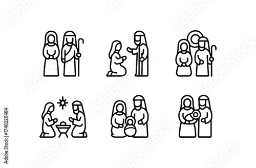 Minimalist nativity scene: line art christmas icons collection