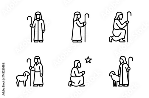Minimalist biblical scenes: shepherds and nativity icon set