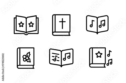 Minimalist outline icon set of books with musical and decorative elements