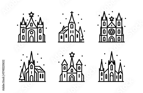 Linear church icons set with snowy winter elements and stars