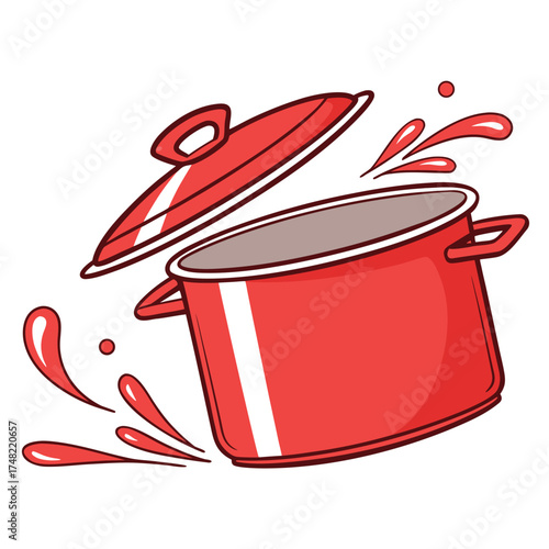 Vector art of a red cooking pot with a lid slightly ajar, with splashes of liquid around it, suggesting it is boiling or being used for cooking