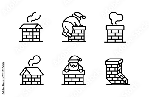 Festive santa chimney icons: minimalist black line holiday designs