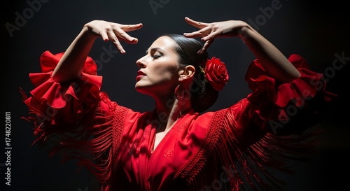 Captivating flamenco dancer showcasing graceful movements in dramatic lighting. Flamenco performance features vibrant red dress with intricate details, emphasizing the art of dance.