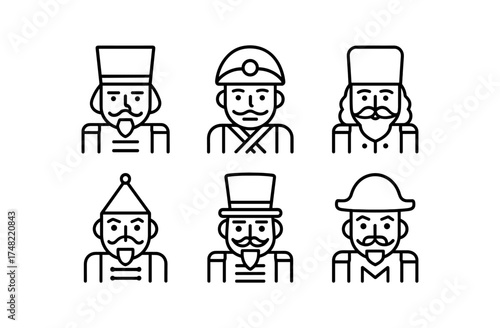 Minimalist line icons of historical characters in traditional hats