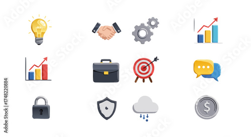 Collection of Business Icons representing ideas, partnership, industry, growth, security, and financial concepts for modern presentations and digital platforms