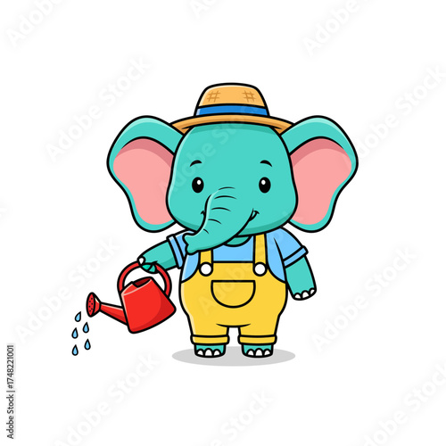 Cute Chibi Elephant Farmer Vector Illustration