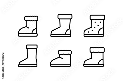 Set of minimalist winter boots black outlines on white background
