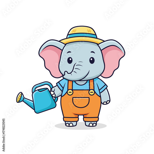 Cute Chibi Elephant Farmer Vector Illustration