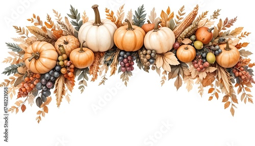 Watercolor autumn harvest border featuring pumpkins, grapes, corn, and vibrant fall leaves, arranged on a clean white background for seasonal decor
